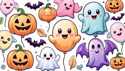 Fototapeta premium Cute Halloween balloons shaped like pumpkins, ghosts, and bats, cartoon kawaii style, bright pastel colors, child-friendly