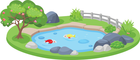 An illustration of a serene pond surrounded by trees, featuring colorful fish swimming in the water.