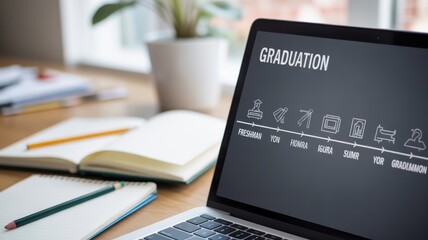 long term student goals concept. Graduation-themed workspace with laptop and study materials.