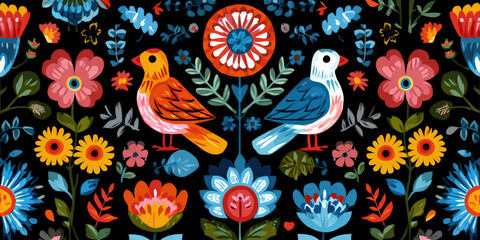 Colorful Scandinavian folk art style illustration featuring vibrant flowers and birds on black background, creating lively and cheerful pattern