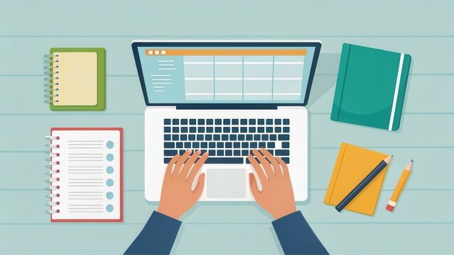 long term student goals concept. Desk setup with laptop, notebooks, and stationery for productivity.