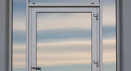 Modern glass door reflecting sky clouds with minimal architectural design