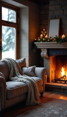 Cozy Winter Fireplace Scene Plush Couch, Warm Blankets, Relaxing Home Interior