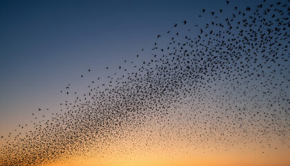 Starlings Murmuration: A mesmerizing spectacle of starlings in flight, creating an extraordinary and captivating aerial ballet against the backdrop of a gradient sunset sky. 
