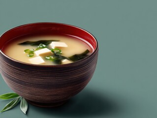 Traditional Japanese Miso Soup in a Dark Wooden Bowl with Tofu and Green Onion Garnish on a Soft Green Background