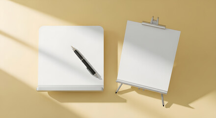 A pen rests on a blank notebook beside an empty easel with a white paper