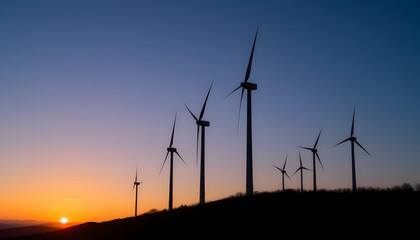 Obraz premium Wind Turbines at Dusk: A dramatic, backlit composition features a row of towering wind turbines silhouetted against a radiant sunset, representing sustainability and eco-conscious energy.