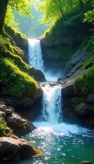 Crystal clear water cascading down a lush green hillside, sunlight dappling the surface Perfect for environmental, nature, or travel themes , nature, flora, stream
