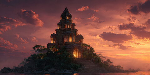 Fototapeta premium Mystical temple glows warmly at sunset, surrounded by lush greenery and serene body of water, creating fantasy like atmosphere