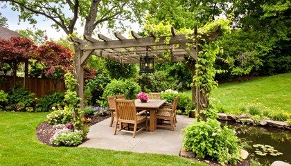 Obraz premium Outdoor dining area under pergola