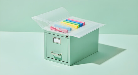 A mint green filing cabinet holds colorful chalk sticks within a translucent folder