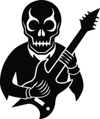 A black and white skull design featuring an electric guitar, symbolizing rock music and edgy aesthetics.