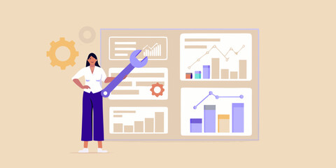 Woman holding wrench in front of dashboard with charts and graphs illustrating data analysis and business growth
