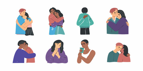Diverse people embracing and showing affection and comfort in various emotional states