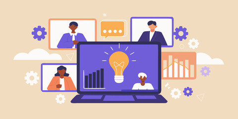 Diverse team collaborating remotely on a new business idea with a glowing lightbulb and growth charts