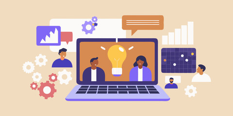 Obraz premium Diverse team collaborating on a new idea with a bright lightbulb on a laptop screen during a virtual meeting