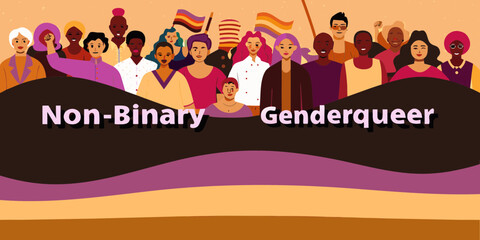 Diverse group of people celebrating gender identity and pride with non binary and genderqueer flags