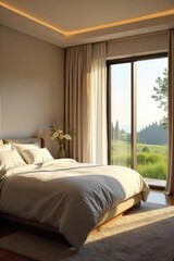 Indulge in tranquility A sun-drenched bedroom with plush bedding, overlooking a serene landscape Ultimate relaxation and refined comfort , elegant, cotton, balance