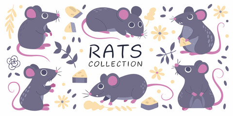 Fototapeta premium Cute cartoon rats collection with cheese and floral elements in a playful flat design style