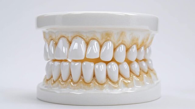 Dental model featuring rows of white teeth set in a beigecolored cast