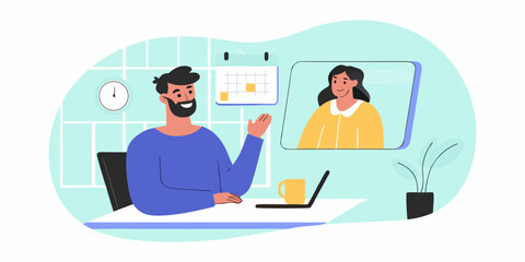 Man and woman having a video call meeting while working from home and planning their schedule