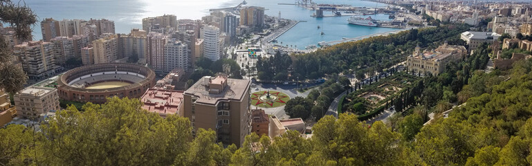 Obraz premium Panoramic View of Malaga from Alcazaba Fortress, Spain Bullring, Port and Historic Center of Malaga City, Andalusia