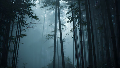 Mystical Bamboo Forest: A captivating scene of a bamboo forest enveloped in a soft, ethereal mist, the towering stalks creating a serene and enchanting atmosphere. 
