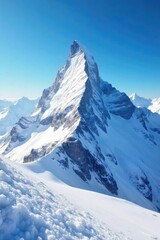 Obraz premium Majestic snow-capped mountain peak piercing a vibrant blue sky, untouched pristine snow blankets the slopes, a breathtaking winter wonderland scene , clouds, stunning