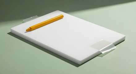 A single yellow crayon rests on a blank white surface secured with clear tape