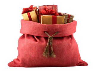 Santas sack full of christmas presents isolated on transparent background for giving.