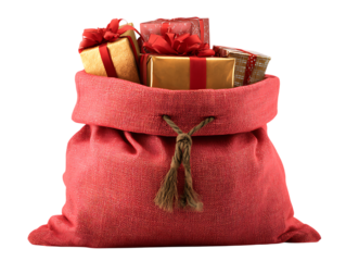 Santas sack full of christmas presents isolated on transparent background for giving.
