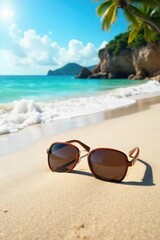 Obraz premium Relaxing beach scene with sunglasses resting on soft sand, ocean waves gently lapping the shore, sunny day, perfect summer vacation vibe, tropical paradise, coastal getaway , serenity, shells, sun