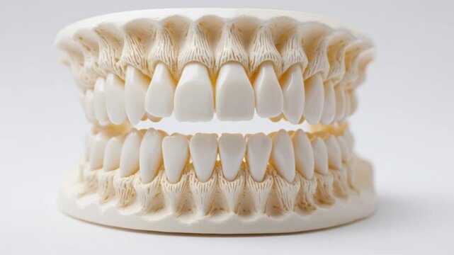 A dental model shows a full set of teeth arranged in an upper and lower jaw presented against a plain white background