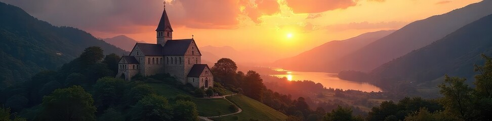 Obraz premium Serene image of a Benedictine monastery at dawn, peaceful and prayerful atmosphere, reflecting spiritual devotion and tranquility , faith, catholic