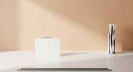 Minimalist studio scene with white cube and magazine holder casting shadows