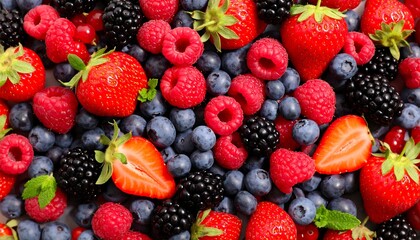 A vibrant display of various berries, showcasing a mix of raspberries, blueberries, and blackberries, with fresh strawberries adding a pop of color.