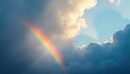 Fototapeta premium Subtle rainbow arc barely visible through a thick layer of clouds, ethereal and soft light filtering through, creating a mystical atmosphere , rainbow, sky