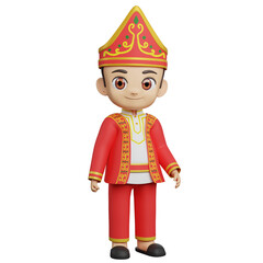 3d illustration of a male character in red ceremonial costume with golden hat, traditional cultural outfit, perfect for fashion and heritage.
