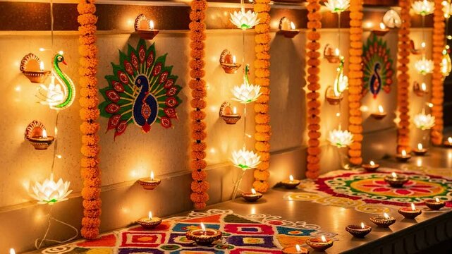 Traditional Indian festival of lights celebration with glowing diya oil lamps. Vibrant rangoli art, marigold garlands, and festive home decor for Diwali.