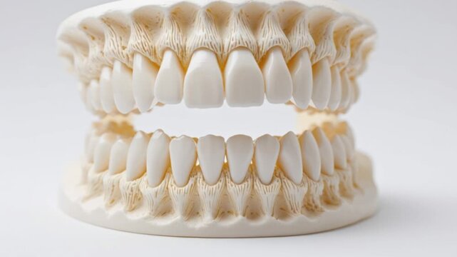 A dental model featuring upper and lower rows of teeth set in lightcolored gums