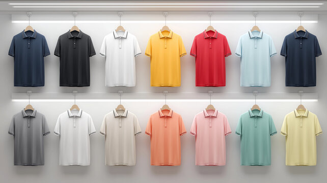 Collection of colorful polo shirts neatly displayed on hangers in well lit retail setting, showcasing variety of vibrant hues and styles. arrangement is visually appealing and organized