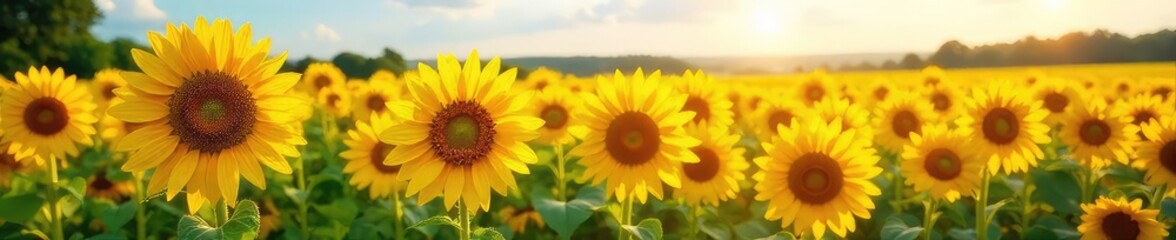 Obraz premium Vibrant summer colors burst from a field of sunflowers, creating a warm and cheerful scene perfect for summer-themed projects , energetic, vibrant colors