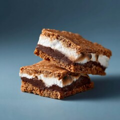 Close-up of two layered chocolate and hmallow cookies with a crunchy texture and sweet flavor, stacked on a solid blue background for dessert or snack imagery