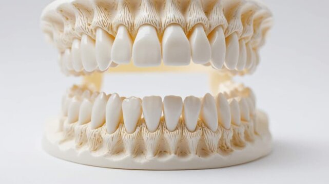 A dental model displays a set of white teeth complete with roots against a stark white backdrop