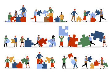 Fototapeta premium Group of people assembling colorful puzzle pieces in a collaborative activity
