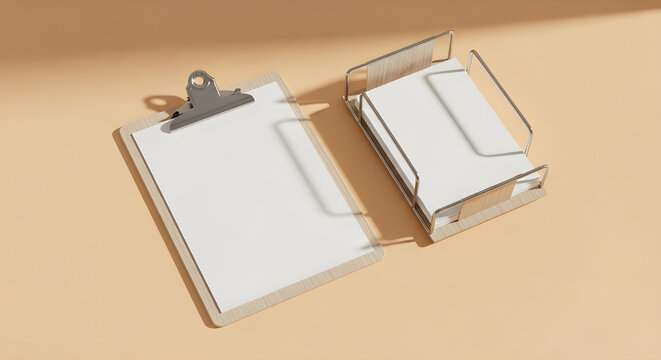 Wooden clipboard with blank paper and metal letter tray holding white sheets