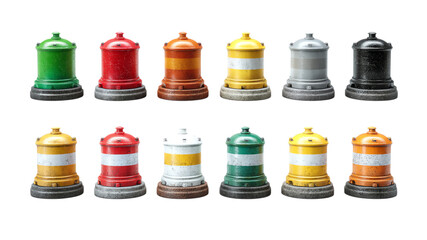 A collection of colorful traffic cones arranged in a neat row.