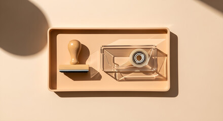 A wooden stamp and clear tape dispenser sit on a peach tray with dramatic shadows