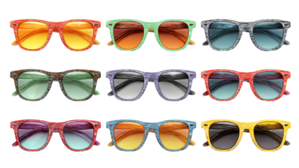 A colorful array of stylish sunglasses displayed in a modern arrangement.
