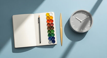 Open blank sketchbook with watercolor paints pencil and gray clock on blue surface